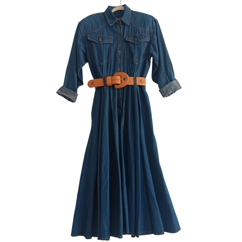 Karen Alexander Denim Dress Womens 10 Blue Vintage Western Maxi Belted